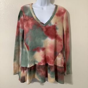 Eri + Ali Colorful Tie Dye Waffle Knit Lagenlook Fairy Ruffle Oversized Top S
